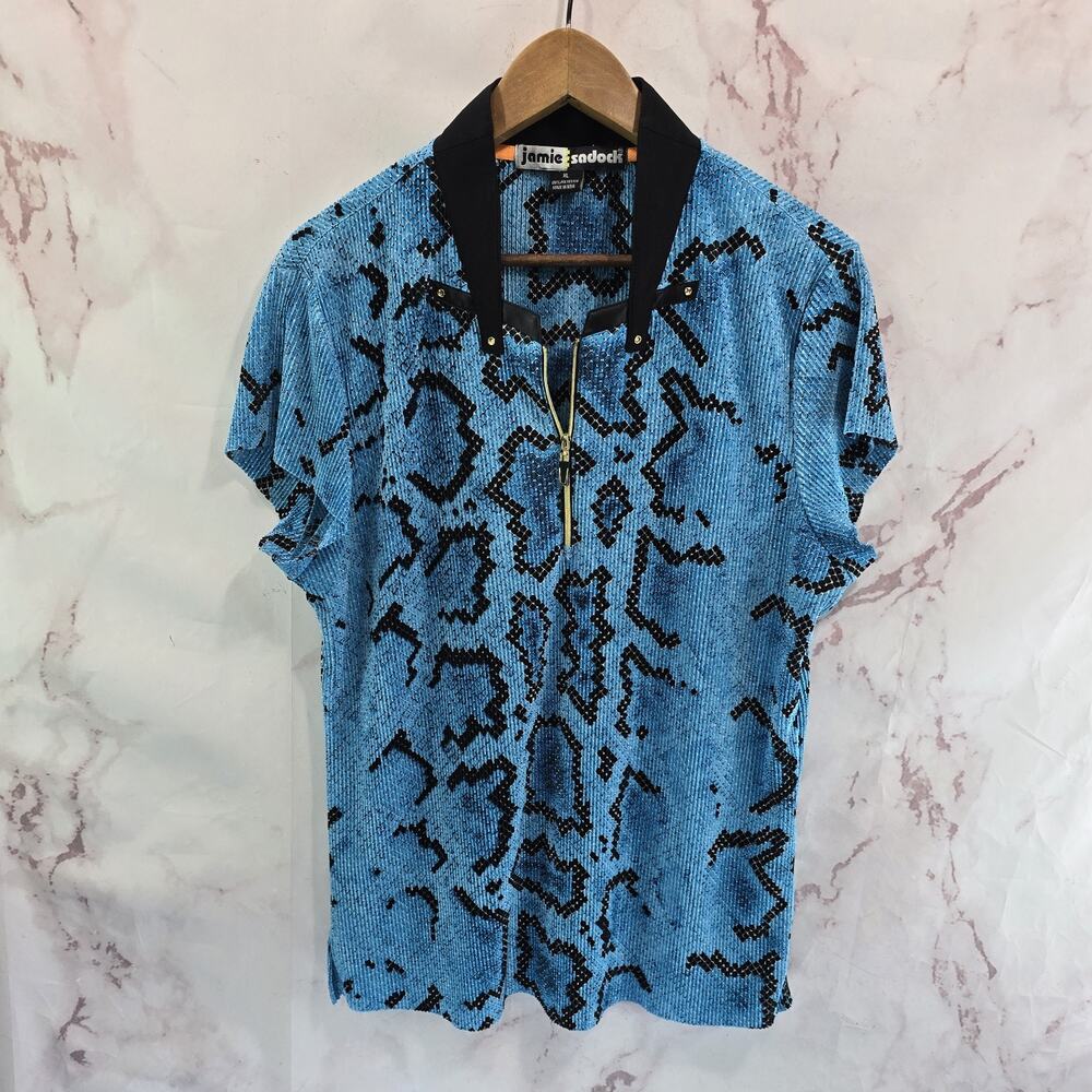 Jamie Sadock Shirt Women XL Zip Blue Black Ripple Crinkle Textured Snake Python